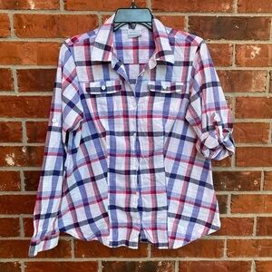 Columbia Womens Medium Plaid Roll Tab Long Sleeve Button Down Collared Shirt